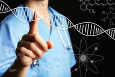 An artist's image shows a person manipulating a strand of DNA.