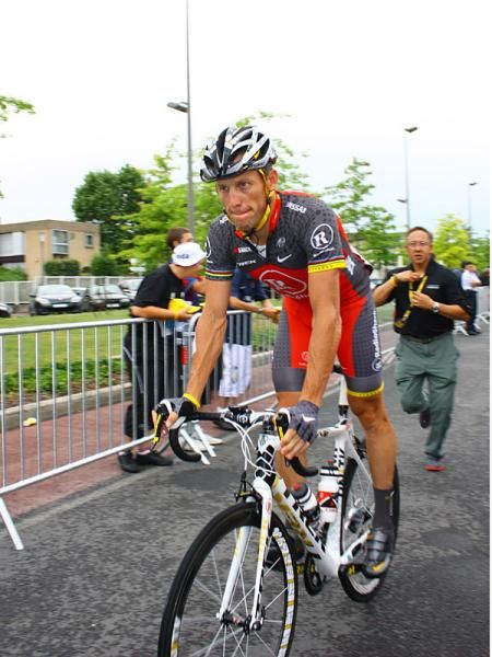 Lance Armstrong (Team Radioshack) purses his lips as he makes his way to the start.