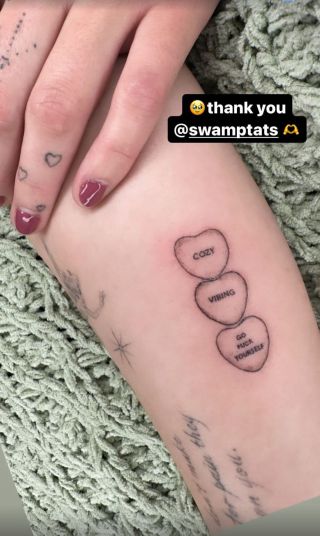 Ariel Winter tattoo of conversation heart saying Go Fuck Yourself