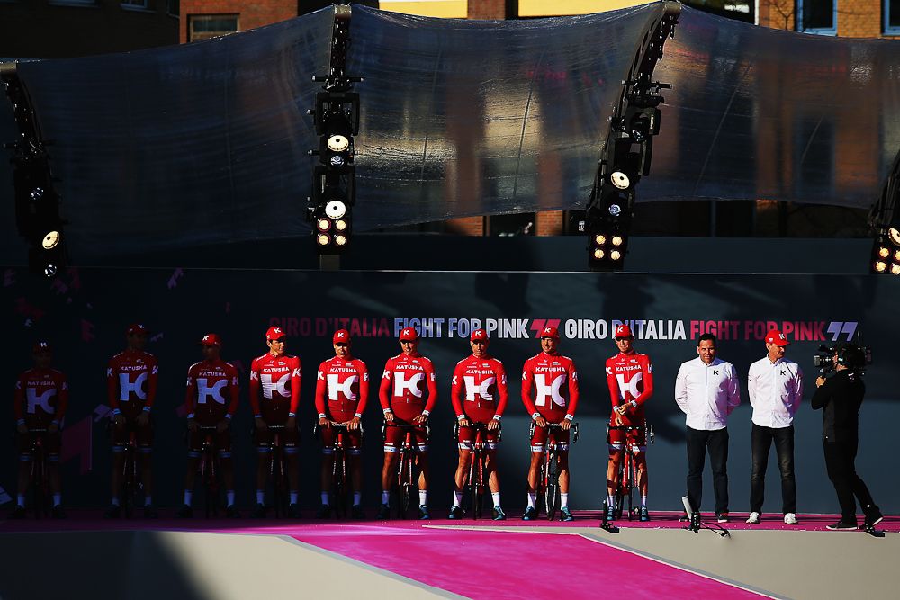 Katusha on stage at the Giro team presentation.