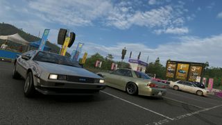 Forza Horizon 6 Hokubu Evolving World Car Meet photo showing DeLorean and Nissan Silvia parked