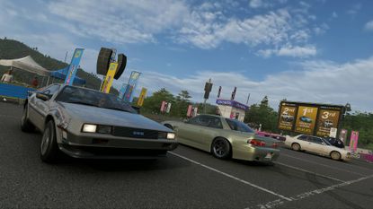 Forza Horizon 6 Hokubu Evolving World Car Meet photo showing DeLorean and Nissan Silvia parked