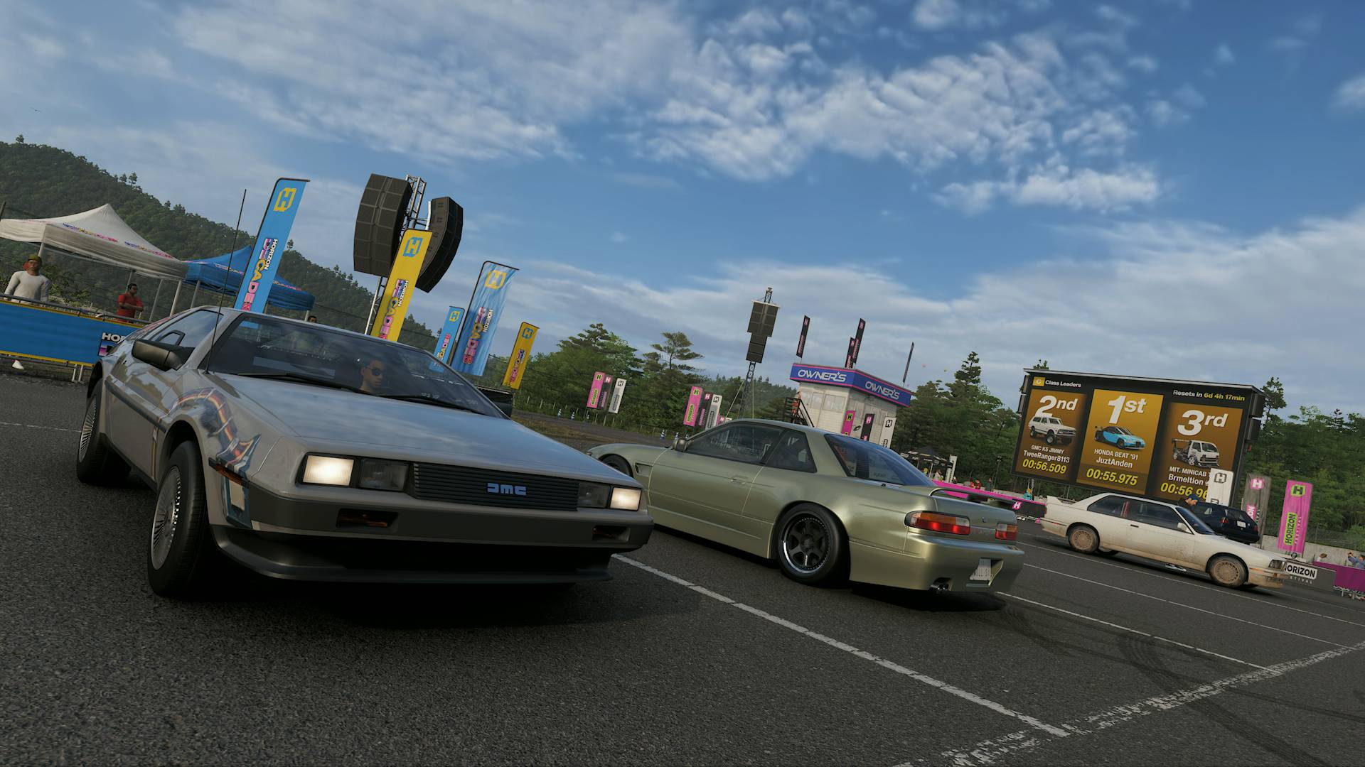 Forza Horizon 6 Hokubu Evolving World Car Meet photo showing DeLorean and Nissan Silvia parked