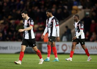 YORK, ENGLAND - NOVEMBER 30: Players of Maidenhead United show dejection at half time during The Vanarama National League match between York City and Maidenhead United at LNER Community Stadium on November 30, 2024 in York, England. (Photo by Tony King/Getty Images)