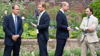 l r member of the statue committee, guy monson, britains prince harry, duke of sussex, britains prince william, duke of cambridge and garden designer pip morrison chat at the unveiling of a statue of their mother, princess diana at the sunken garden in kensington palace, london on july 1, 2021, which would have been her 60th birthday princes william and harry set aside their differences on thursday to unveil a new statue of their mother, princess diana, on what would have been her 60th birthday photo by dominic lipinski pool afp photo by dominic lipinskipoolafp via getty images