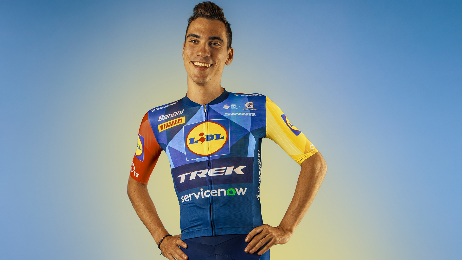 Juan Ayuso poses for portrait in news 2026 Lidl-Trek kit