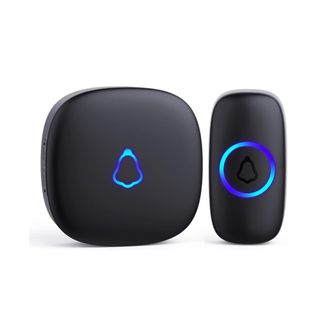 A black doorbell base with a blue bell outline on it and a black doorbell with a blue circle next to it