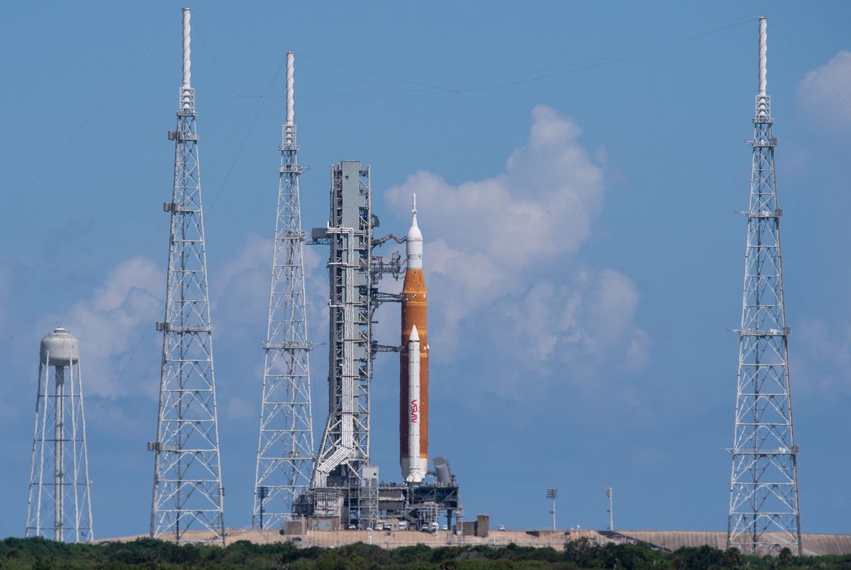 NASA&#039;s Artemis 1 stack on the pad at Kennedy Space Center on Sept. 1, 2022, two days ahead of its planned launch toward the moon.