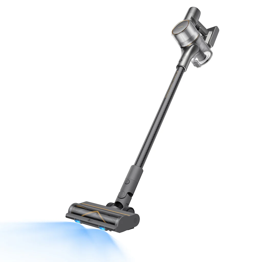 Dreame R20 cordless stick vacuum cleaner with blue light emitting from floorhead, against white background.