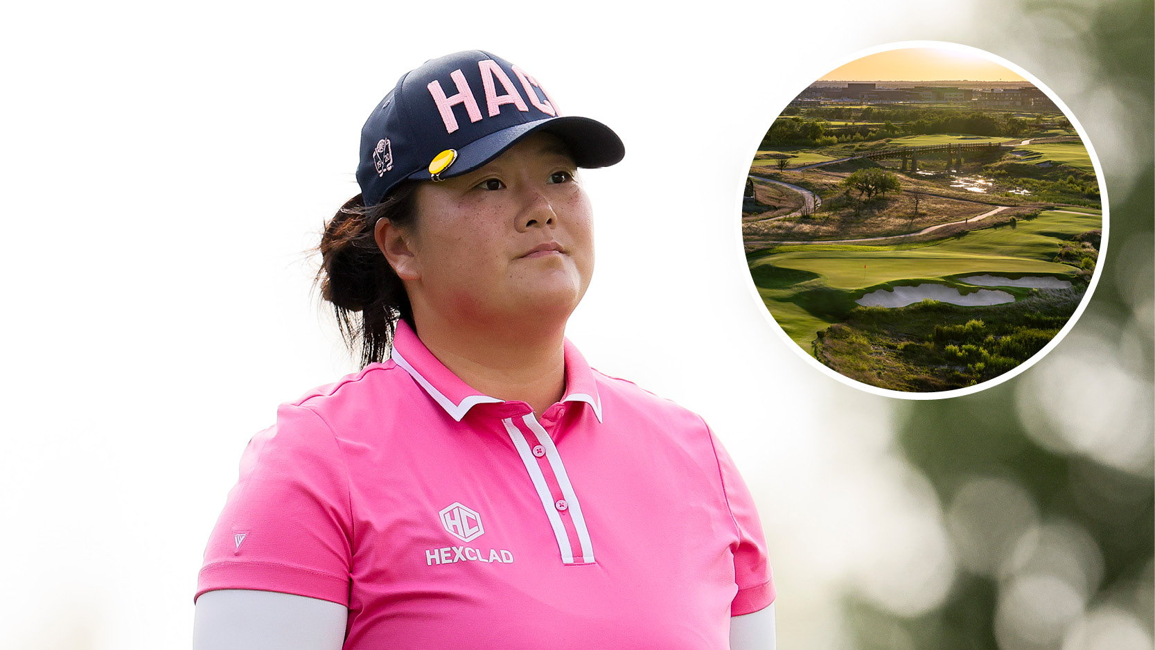 Main image of Angel Yin looking on at the 2025 KPMG Women&#039;s PGA Championship with an inset image (top right) of Field Ranch East