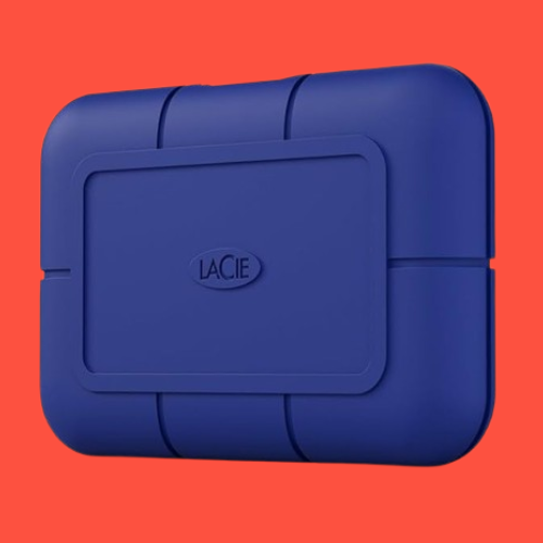 Blue LaCie Rugged Pro 5 external SSD on colourful red background