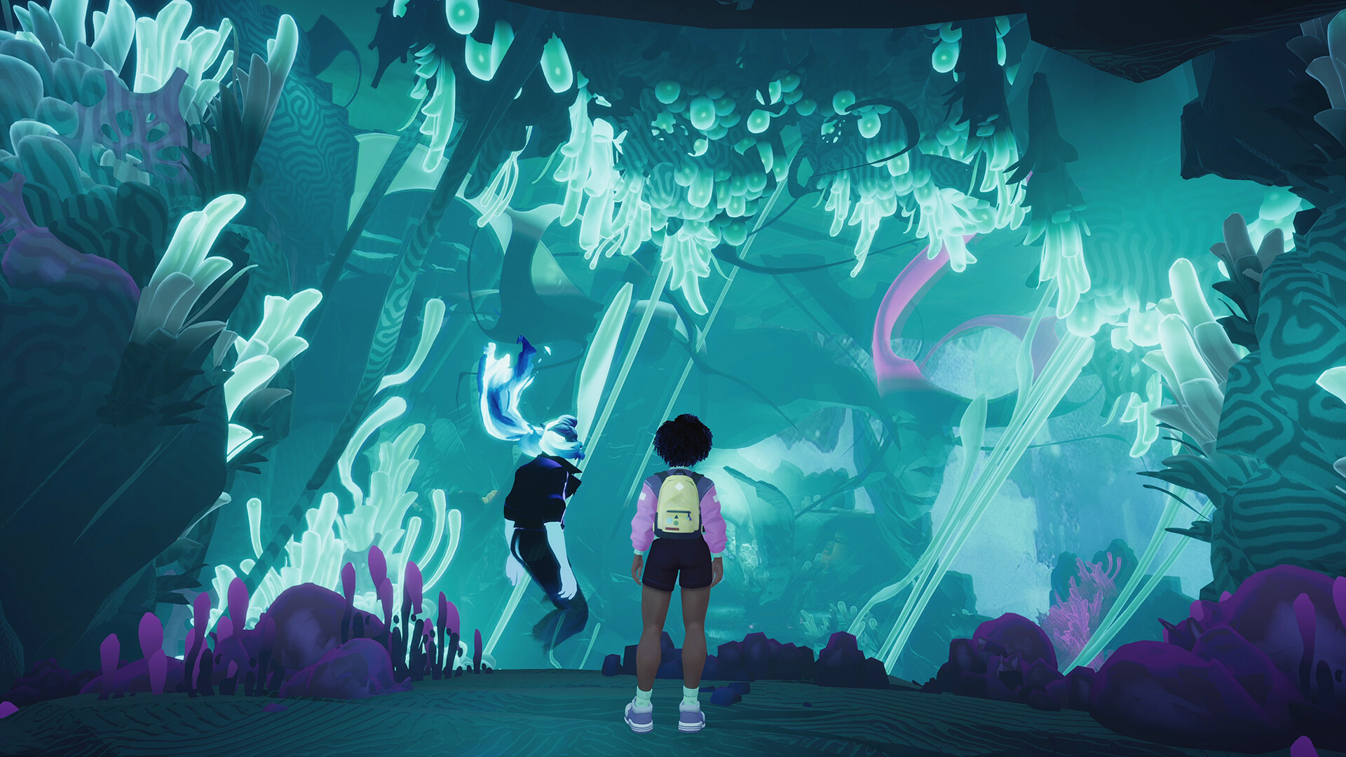In third-person action-adventure Usual June, protagonist June speaks to a ghost as they both look out over colorful vista