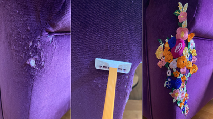 purple velvet sofa repair project