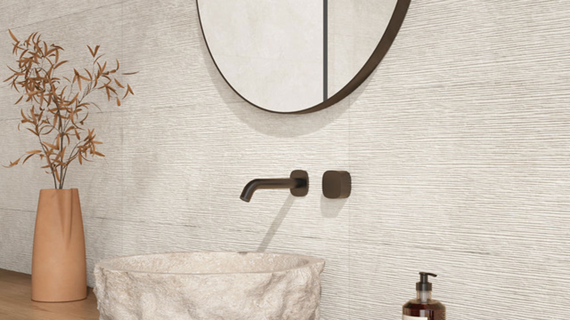 white textured wall tiles in bathroom with stone basin