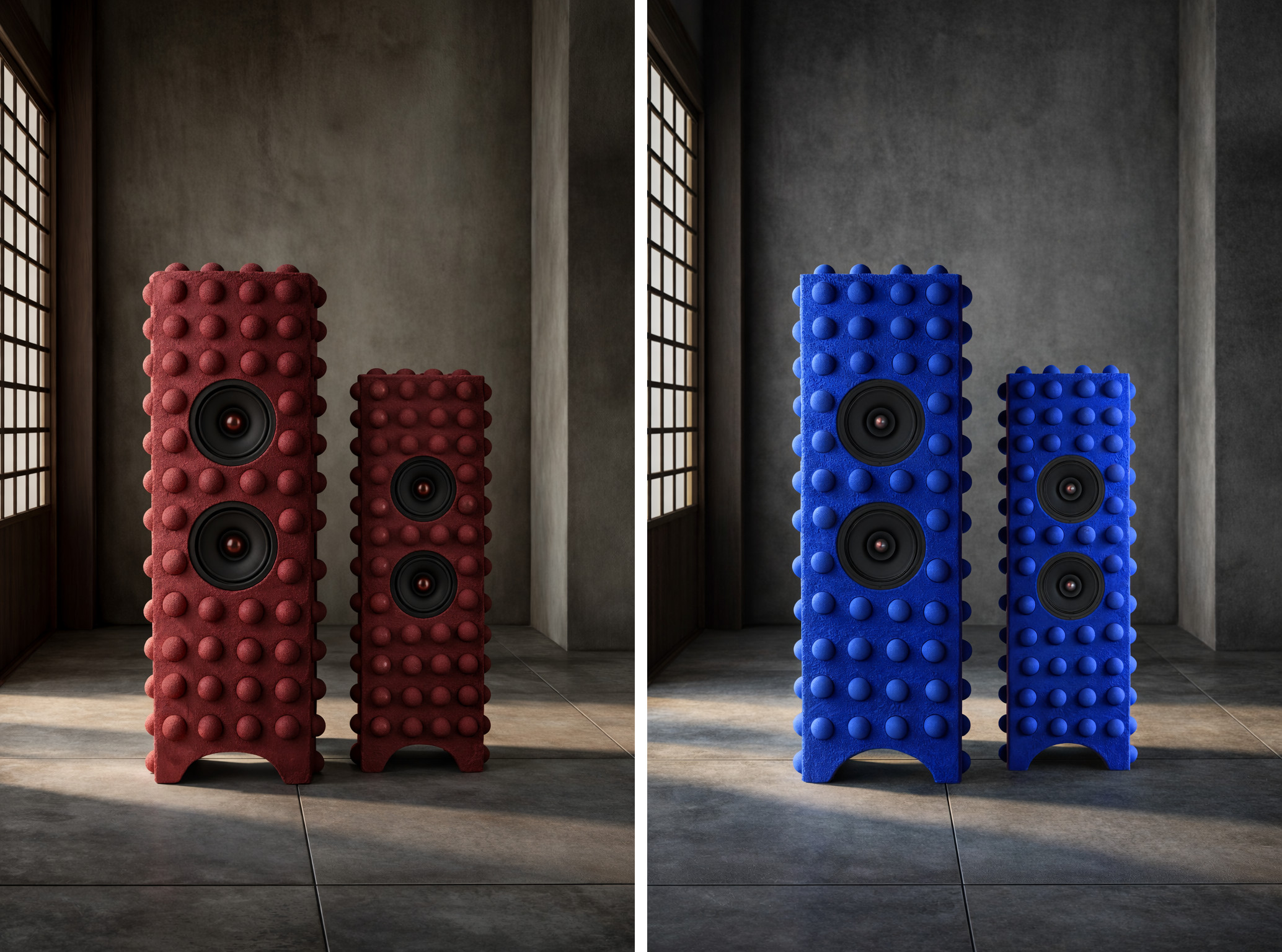 OBEN Callisto speakers in Burnt Oxide (left) and Cobalt (right)