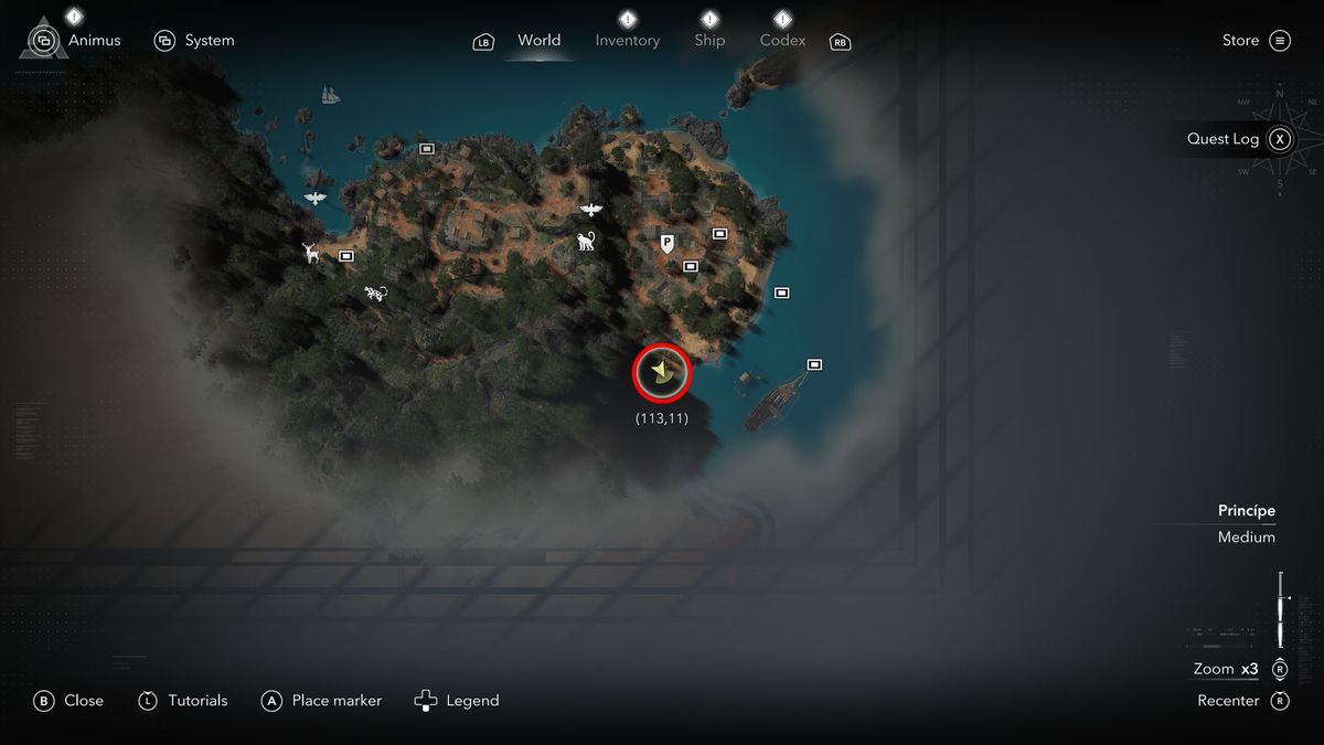 Black Flag treasure maps: A screenshot of the map with a red circle showing the location of the buried treasure chest in Principe.