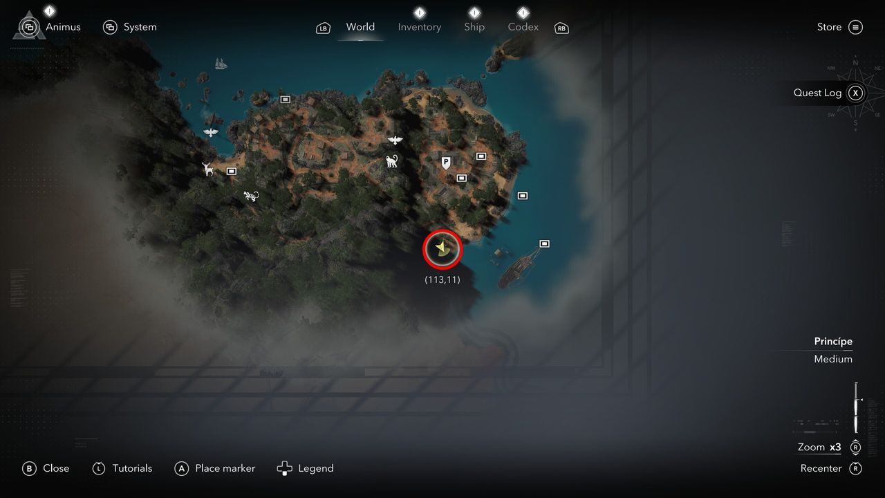 Black Flag treasure maps: A screenshot of the map with a red circle showing the location of the buried treasure chest in Principe.
