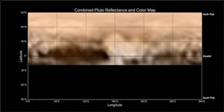 This map of Pluto, made from images taken by New Horizons from June 27 through July 3, shows a diverse array of bright and dark markings, including “the whale,” the large, elongated dark patch at bottom left.