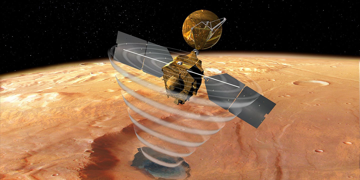 NASA's Mars Reconnaissance Orbiter carries the Shallow Subsurface Radar instrument (SHARAD), which searches for underground liquid or frozen water.