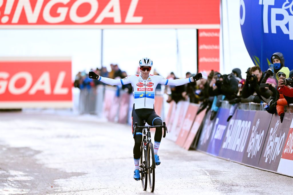 VERMIGLIO ITALY DECEMBER 17 Michael Vanthourenhout of Belgium and Team Pauwels Sauzen Bingoal celebrates at finish line as race winner during the 2nd UCI Cyclocross World Cup Val Di Sole 2022 Mens Elite CXWorldCup on December 17 2022 in Vermiglio Italy Photo by Dario BelingheriGetty Images