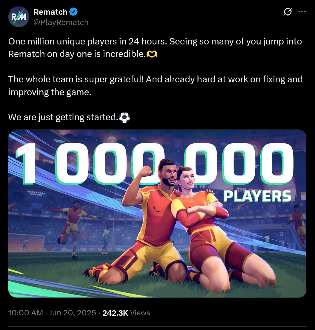 One million unique players in 24 hours. Seeing so many of you jump into Rematch on day one is incredible.🫶The whole team is super grateful! And already hard at work on fixing and improving the game.We are just getting started.⚽️