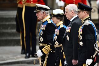 King Charles III, Britain's Princess Anne, Princess Royal, Britain's Prince Andrew, Duke of York and Britain's Prince Edward, Earl of Wessex arrive at Westminster Abbey in London on September 19, 2022.