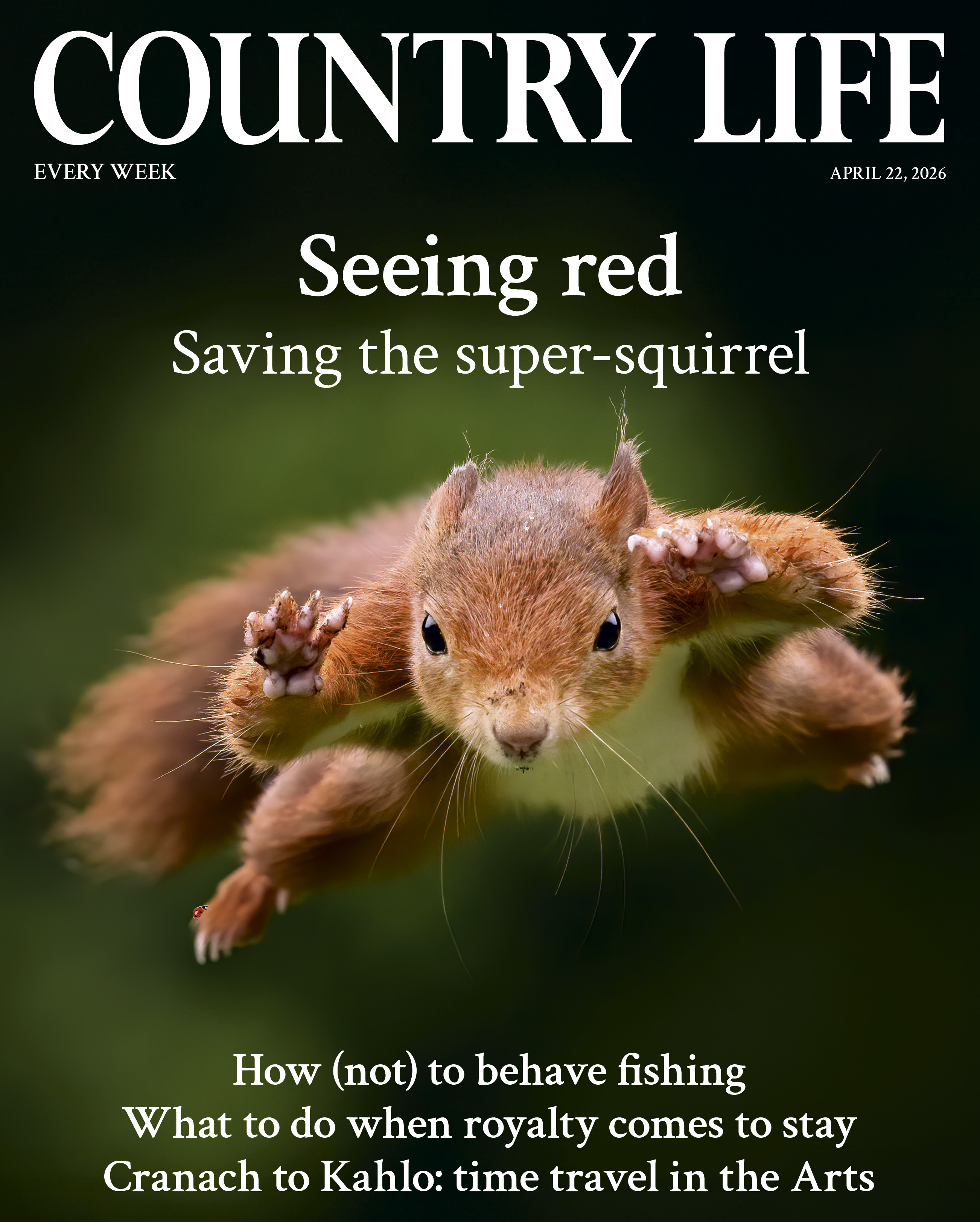 Cover of Country Life 22 April 2026, featuring a leaping red squirrel photographed by Terry Donnelly.