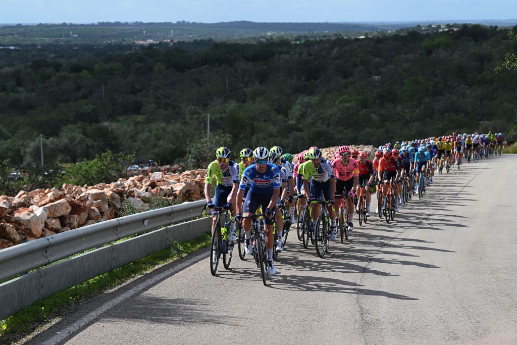 ALTODAFOIA PORTUGAL FEBRUARY 15 Warre Vangheluwe of Belgium and Team Soudal Quick Step leads the peloton during the 50th Volta ao Algarve em Bicicleta 2024 Stage 2 a 1719km stage from Lagoa to Alto da Foia 888m on February 15 2024 in Alto da Foia Portugal Photo by Dario BelingheriGetty Images