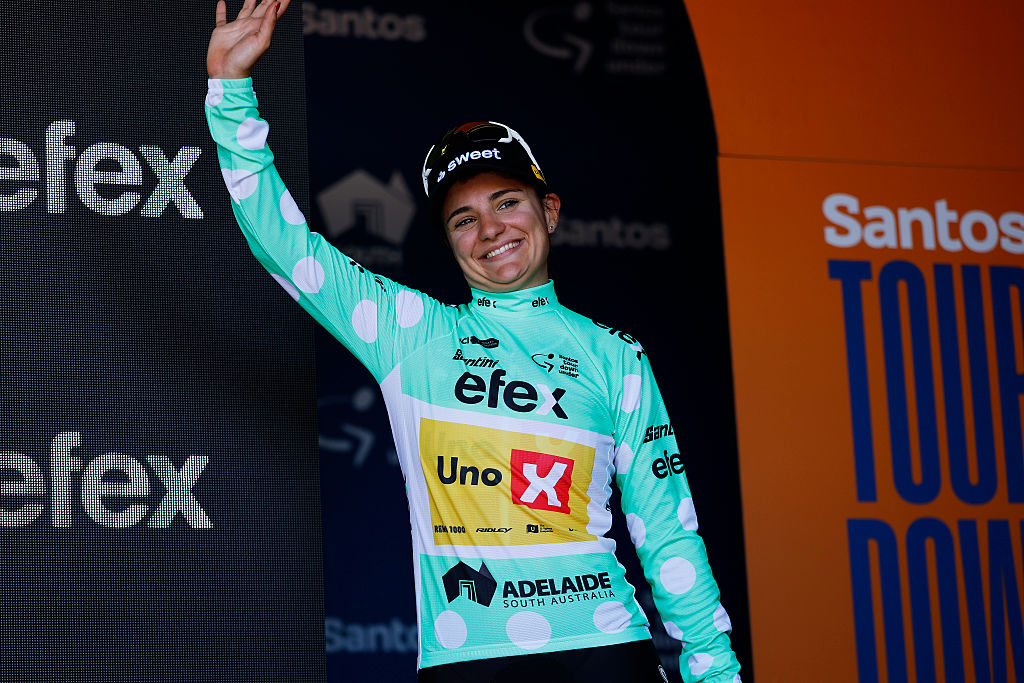 WILLUNGA, AUSTRALIA - JANUARY 17: Alessia Vigilia of Italy and Team Uno-X Mobility celebrates at podium as Polka Dot Mountain Jersey winner during the 10th Santos Women&amp;amp;apos;s Tour Down Under 2026, Stage 1 a 137.4km stage from Willunga to Willunga 134m / #UCIWWT / on January 17, 2026 in Willunga, Australia. (Photo by Con Chronis/Getty Images)