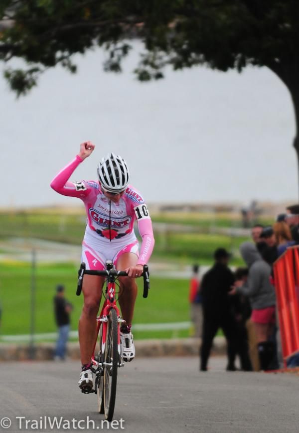 Meredith Miller (California Giant Berry) celebrating her victory on the way in to the finish
