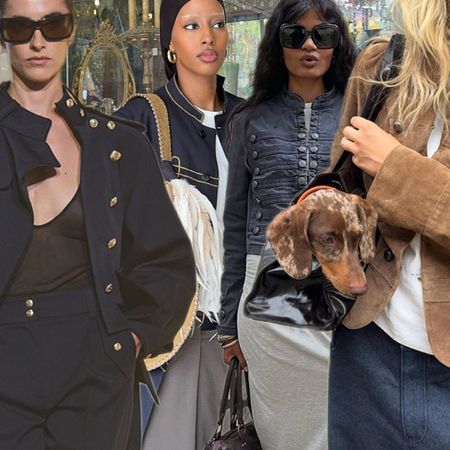 how to wear the military jacket trend is shown in a collage of outfit and runway photos of women wearing Napoleon-inspired outerwear
