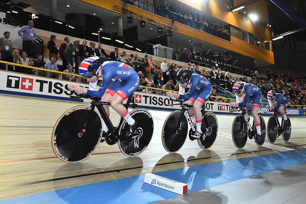 Great Britain's team members in the women's pursuit final during the UCI Track Cycling World Championships in Apeldoorn