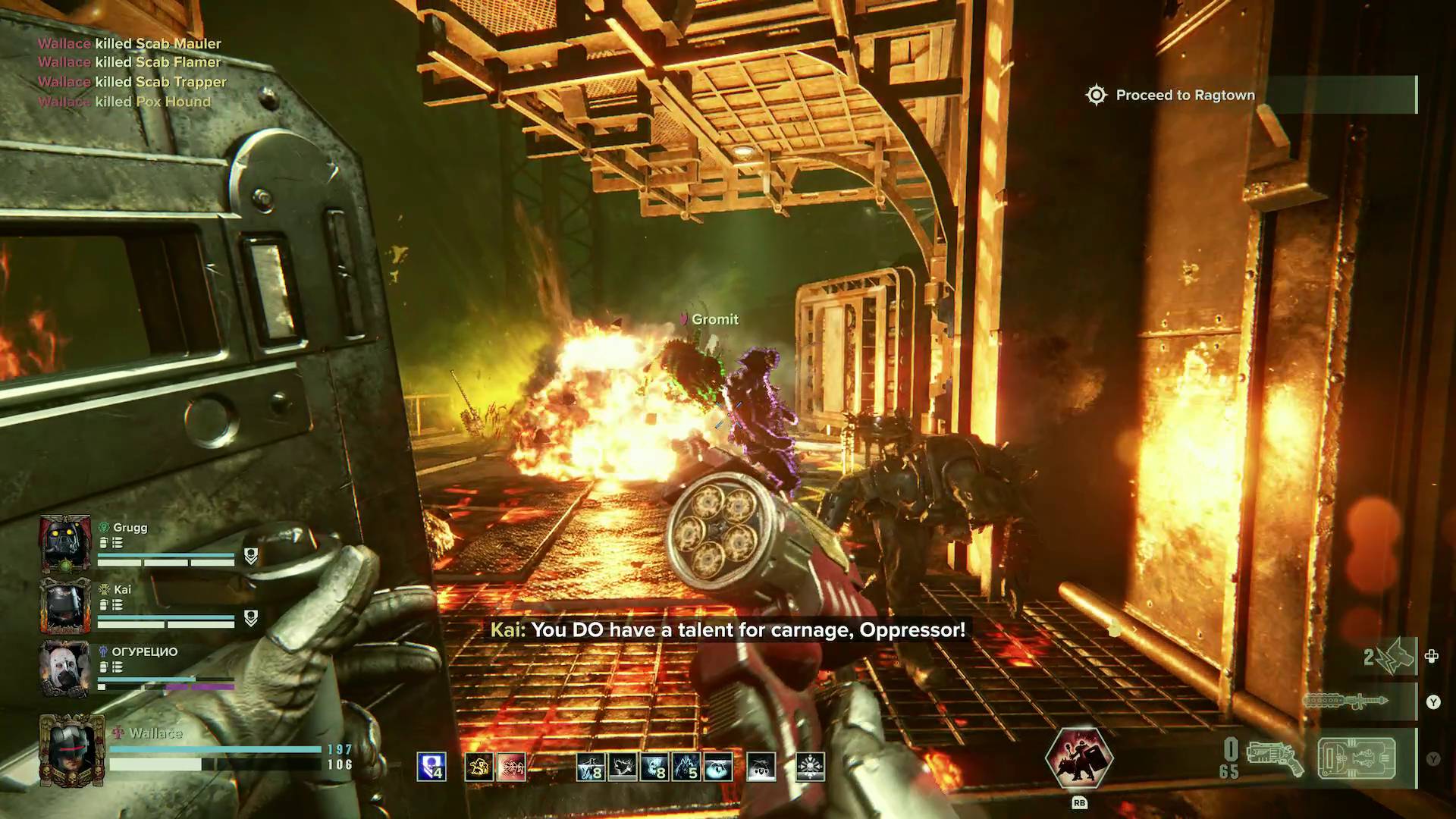 Warhammer 40,000: Darktide arbitrator cyber-mastiff leaping through explosion