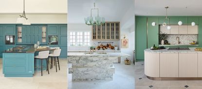 Kitchen island shapes. Blue kitchen with asymmetrical island. White kitchen with tiered marble island. Green kitchen with rounded marble island.