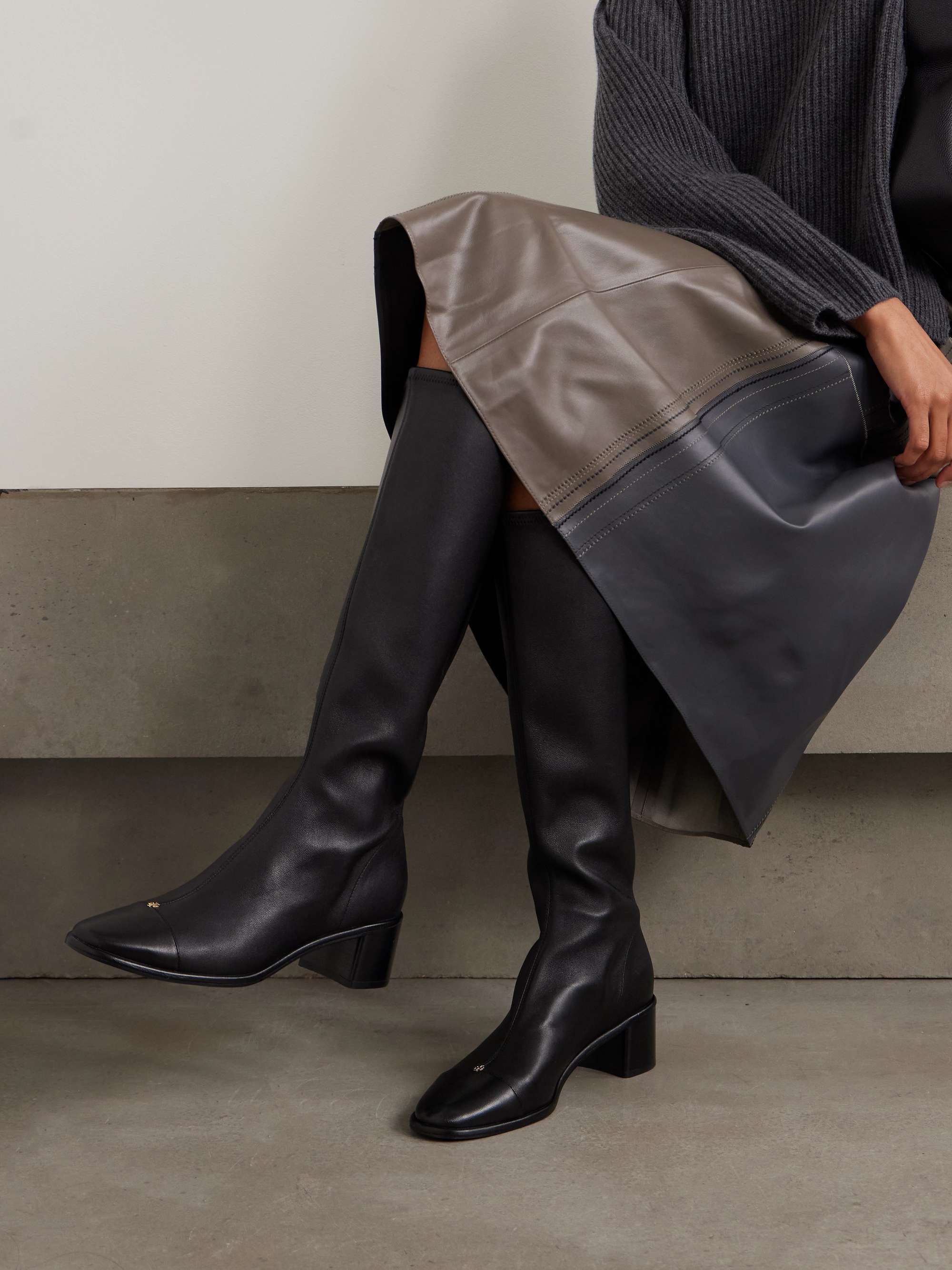 Paneled Leather Knee Boots