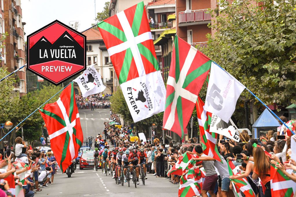 BALCON DE BIZKAIA, SPAIN - SEPTEMBER 12: Jonathan Castroviejo of Spain and Team Sky / Thomas De Gendt of Belgium and Team Lotto Soudal / Basque Fans / Flags / Public / during the 73rd Tour of Spain 2018, Stage 17 a 157km stage from Getxo to Alto del Balcon de Bizkaia 925m / La Vuelta / on September 12, 2018 in Balcon de Bizkaia, Spain. (Photo by Tim de Waele/Getty Images)