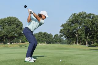 Tommy Fleetwood at the top of his backswing on a drive