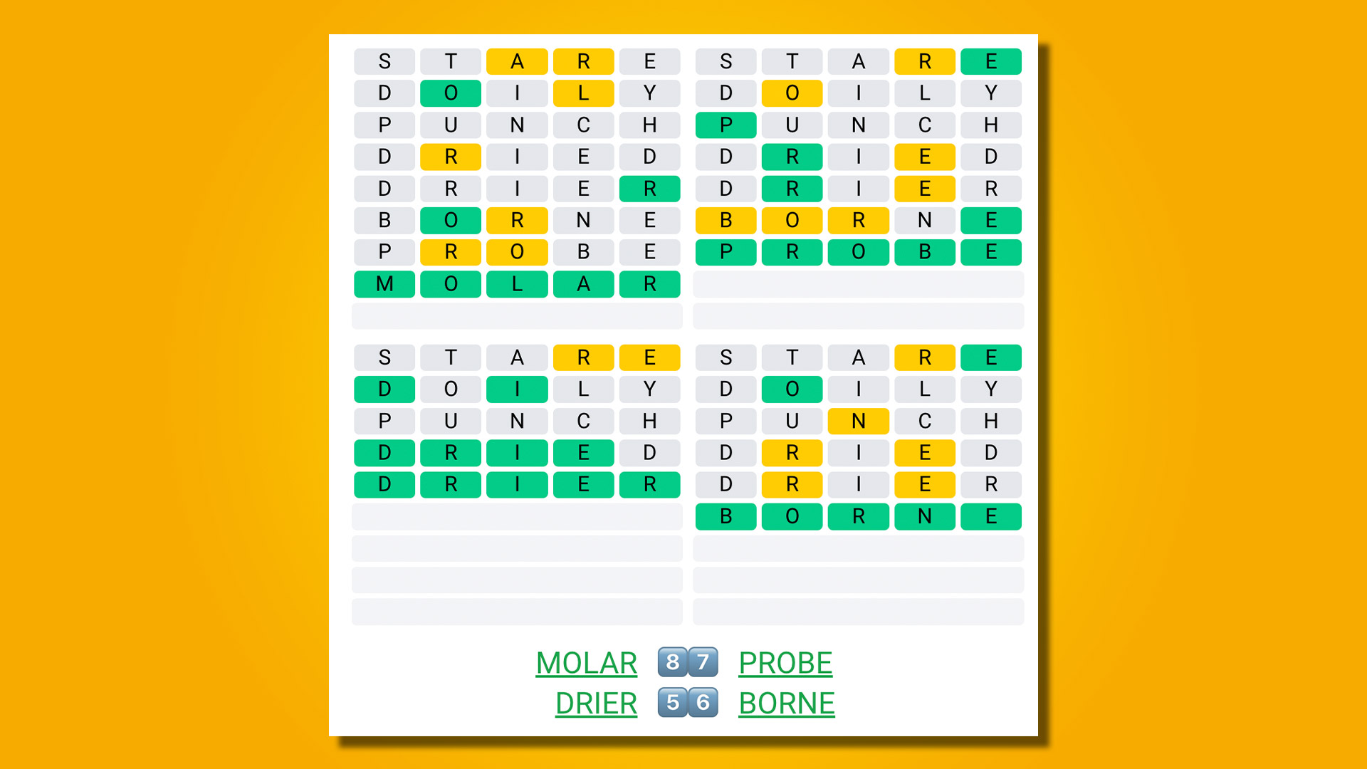 Quordle 449 answers on a yellow background