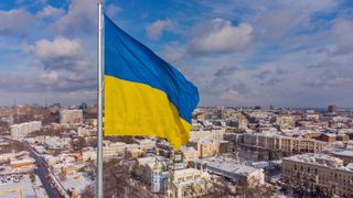 Ukrainian flag in the wind in the city of Kharkov
