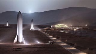 An artist's illustration showing SpaceX BFR spaceships on the surface of Mars.