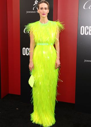 Sarah Paulson in a neon dress at Ocean 8 premiere