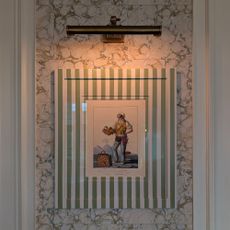 Painting in striped frame on marbled wall underneath brass picture light