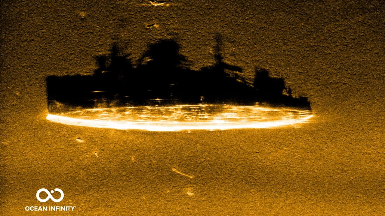 A sonar image of a warship on the ocean floor