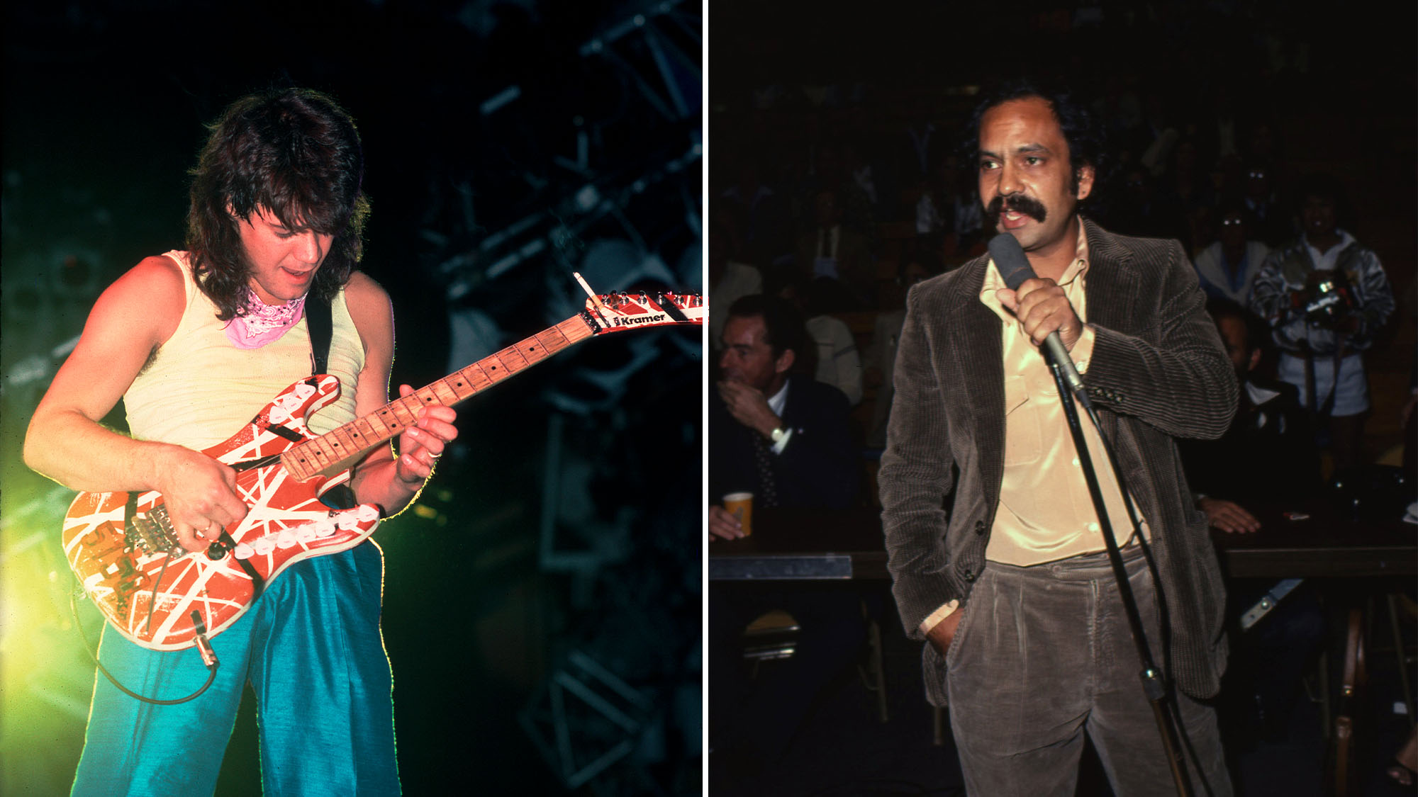 Eddie Van Halen (left) and Cheech Marin onstage in the 1980s