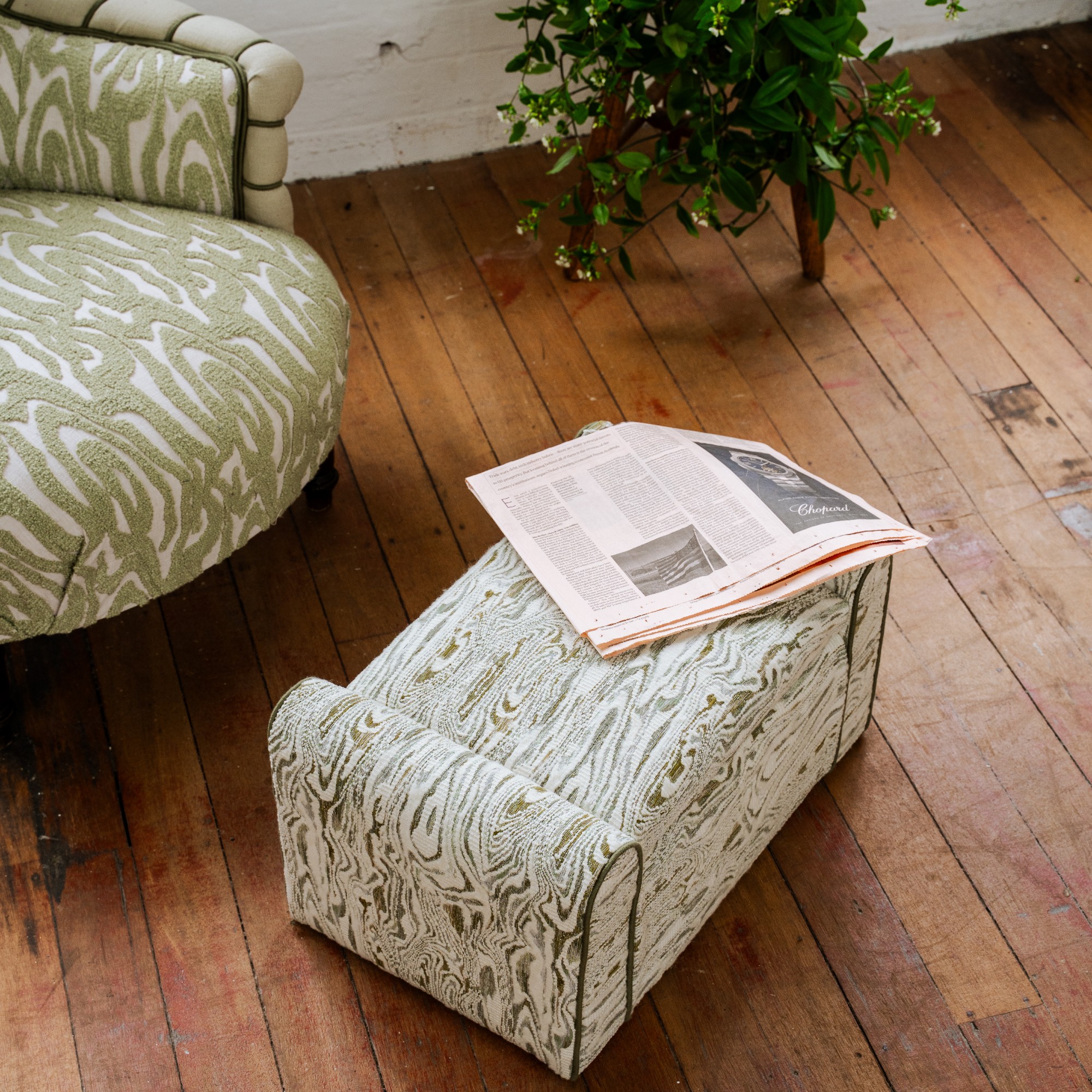 Pouffe Stool and French Napoleon III Crapaud Armchair both reupholstered with fabrics from the Harlequin x Henry Holland range
