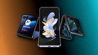 Samsung Galaxy Z Flip 4, Motorola Razr Plus, Oppo Find N2 Flip devices next to one another on an orange to blue gradient background
