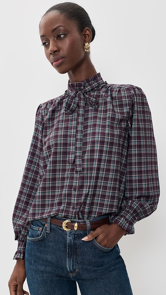 Alyssa Ruffle Collar Top - Eggplant Plaid