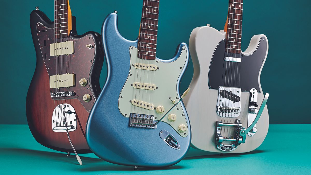 A group of Fender Vintera electric guitars, including (L-R) a â60s Jazzmaster Modified, â60s Stratocaster and a â˜60s Telecaster Bigsby, taken on July 1, 2019.