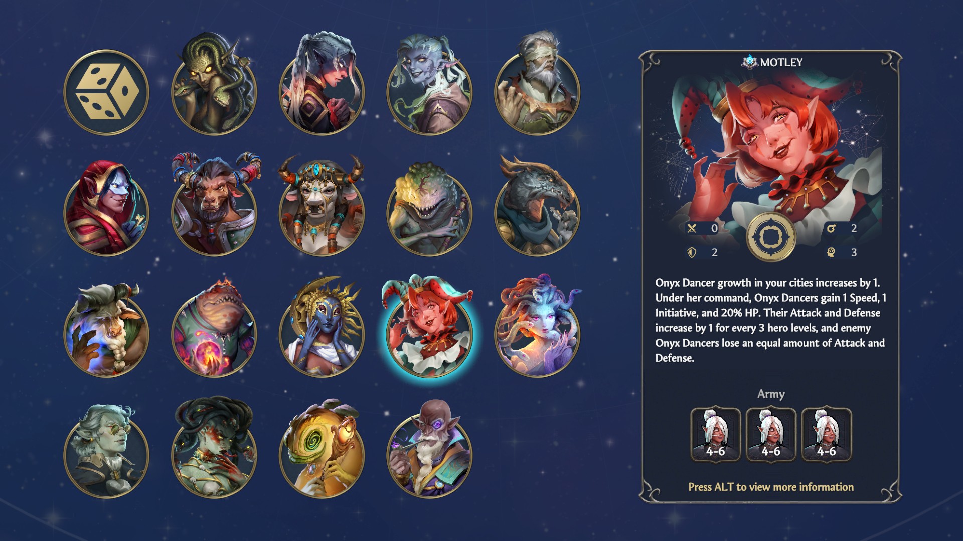 All the Dungeon faction heroes, with Motley, the best HoMM Olden Era hero, selected.