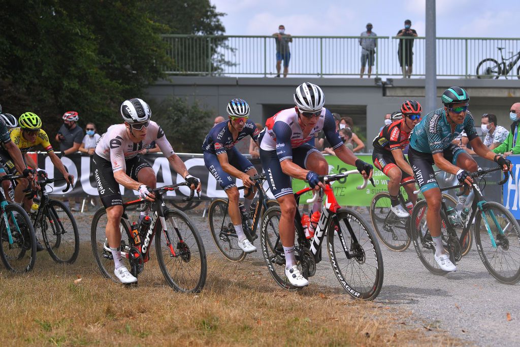 DIEST BELGIUM AUGUST 15 Niklas Markl of Germany and Team Sunweb Ryan Mullen of Ireland and Team Trek Segafredo Laurens Sweeck of Belgium and Team Pauwels Sauzen Bingoal Kris Boeckmans of Belgium and Team BB Hotels Vital Concept Gravel Strokes during the 17th Dwars door het Hageland 2020 a 187km race from Aarschot to Diest DwarsdhHageland DDHH20 on August 15 2020 in Diest Belgium Photo by Luc ClaessenGetty Images